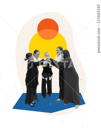Poster with multicultural female business team joining hands in circle symbolizing collaboration 131683285