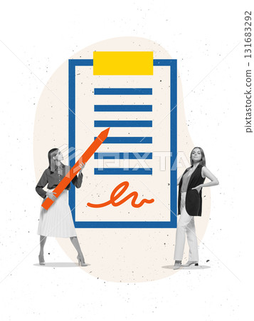 Graphic composition. Businesswomen discussing contract signing with oversized document and pen Graphic composition. Businesswomen discussing contract signing with oversized document and pen 131683292
