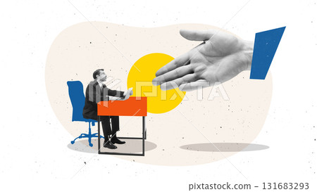 Modern collage. Businessman at desk reaching for helping hand symbolizing support and partnership Modern collage. Businessman at desk reaching for helping hand symbolizing support and partnership 131683293
