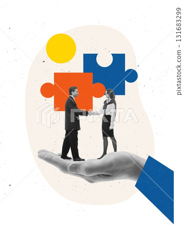 Creative digital artwork. Business handshake supported by large hand and puzzle pieces symbolizing trust Creative digital artwork. Business handshake supported by large hand and puzzle pieces symbolizing trust 131683299