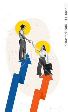 Surreal collage. Business people reaching toward each other on growing arrows symbolizing progress Surreal collage. Business people reaching toward each other on growing arrows symbolizing progress 131683309