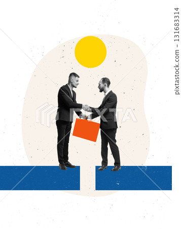 Bright collage. Two businessmen shaking hands standing on bridge shapes symbolizing agreement 131683314