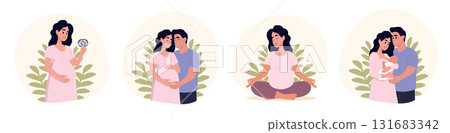 Happy pregnant woman with her husband. Concept of pregnancy and motherhood. Vector illustration in flat style, modern pregnancy banner. 131683342