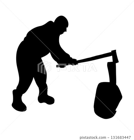Chopping firewood. A silhouette man chops firewood. Chopping firewood. A silhouette man chops firewood. 131683447