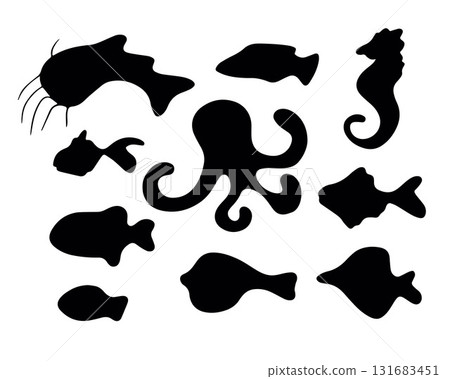 Vector isolated illustration of a set of silhouette fishes and sea creatures. Vector isolated illustration of a set of silhouette fishes and sea creatures. 131683451