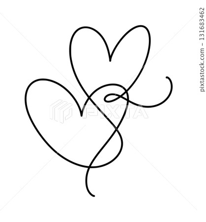 Two connected vector valentine hearts drawing a continuous line, symbolizing love, passion, bonding relationship and strong 131683462