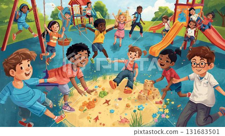 Children of different races playing in the autumn park 131683501