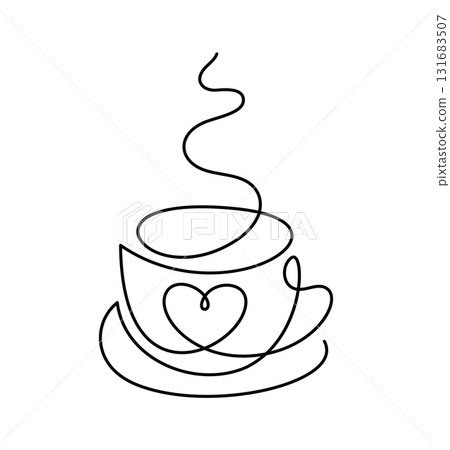 Coffee cup continuous vector valentine line tea drawing featuring a heart, symbolizing love for hot morning and rituals drinks Coffee cup continuous vector valentine line tea drawing featuring a heart, symbolizing love for hot morning and rituals drinks 131683507