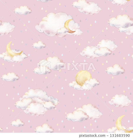 Seamless watercolor pattern with rainbow colors pastel clouds and raindrops, and crescent moons. Illustration of background for nursery wallpaper, baby decor, textiles, or children paper. 131683590