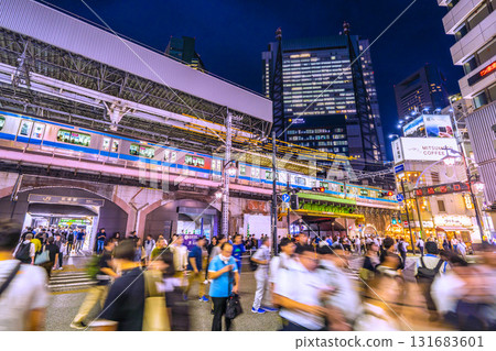Tokyo cityscape, Japan, October 2nd. View of Shimbashi Station (Karasumori Exit) and the bar district of Shimbashi West Exit Street. 131683601