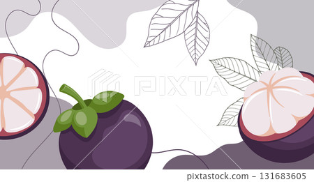Fresh mangosteen fruit composition with leaves, cut and whole fruits. Tropical fruit background. Illustration. 131683605