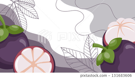 Fresh mangosteen fruit composition with leaves, cut and whole fruits. Tropical fruit background. Illustration. 131683606