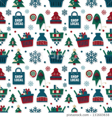 festive pattern featuring Christmas trees, gift baskets, hats, and Shop Local bags in modern flat style. Perfect for eco-holiday themes, wrapping, and seasonal backgrounds. Vector illustration festive pattern featuring Christmas trees, gift baskets, hats, and Shop Local bags in modern flat style. Perfect for eco-holiday themes, wrapping, and seasonal backgrounds. Vector illustration 131683638