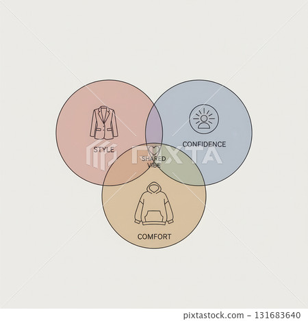 Modern Venn diagram illustrating balance between style, comfort, and confidence, showing shared vibe in fashion concept. Vector illustration Modern Venn diagram illustrating balance between style, comfort, and confidence, showing shared vibe in fashion concept. Vector illustration 131683640