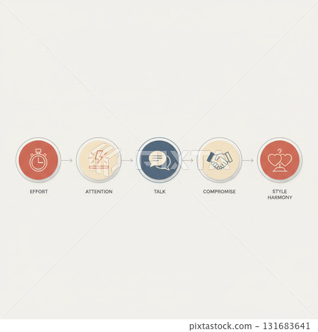 Flat vector infographic showing steps to style harmony: effort, attention, talk, compromise, and balance. Minimal pastel design. Vector illustration Flat vector infographic showing steps to style harmony: effort, attention, talk, compromise, and balance. Minimal pastel design. Vector illustration 131683641