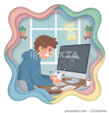 Angry man sitting at desk as computer freezes with processing message. Funny illustration about technology frustration and stress.. Vector illustration Angry man sitting at desk as computer freezes with processing message. Funny illustration about technology frustration and stress.. Vector illustration 131683646