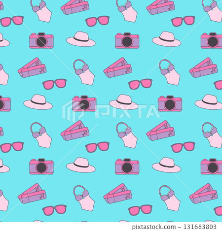 A colourful seamless pattern displays various summer vacation icons. Sunglasses, swimsuits, cameras, suitcases, and sun hats are featured on a light blue background. 131683803