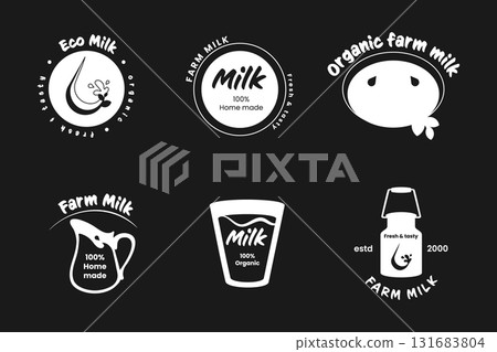 Various logos promoting eco-friendly milk products highlight concepts of organic farming and homemade freshness. Each design emphasizes natural and sustainable practices important for consumers. 131683804