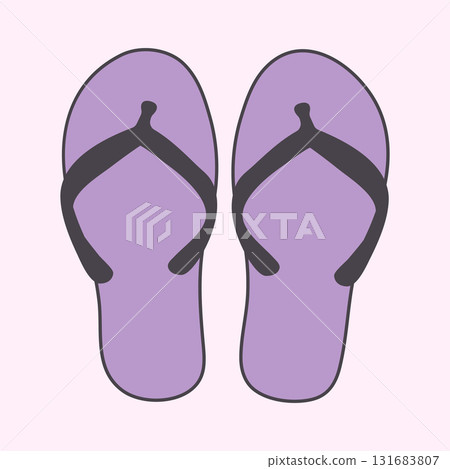 Two purple flip flops with black straps are shown. It is a simple, colorful illustration. The background is light. The art style appears to be a Y2K cartoon style. 131683807