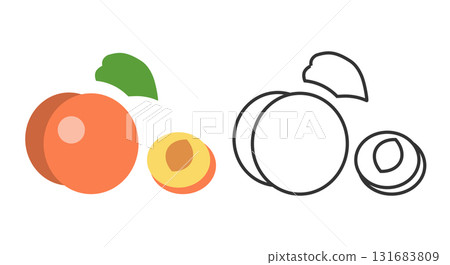 These peach line icons feature a colorful representation of peaches alongside a simple outline version. The design emphasizes the fruit shape and freshness in a visually appealing manner. 131683809
