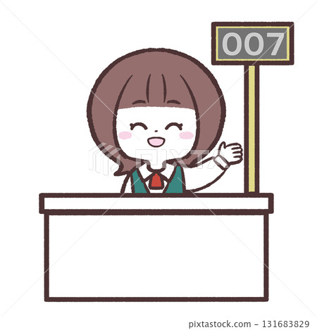 Illustration of a woman pointing at a reception desk 131683829