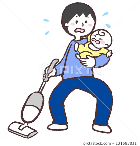 一名男子抱著嬰兒吸塵的插圖 一名男子抱著嬰兒吸塵的插圖 131683831