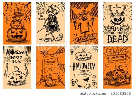 Halloween party invitation cards, poster banner or template for holiday. Pumpkins and spider web 131683866