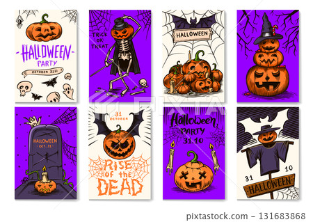 Halloween party invitation cards, poster banner or template for holiday. Pumpkins and spider web 131683868