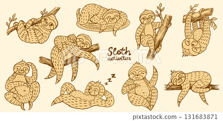 Cartoon sloth characters in hand drawn style. Different poses, hanging, eating, chilling on a branch 131683871