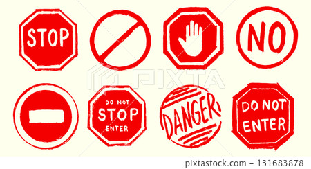 Stop signs made with paintbrush in grungy style. Do not enter vehicle and pedestrian icons as symbol Stop signs made with paintbrush in grungy style. Do not enter vehicle and pedestrian icons as symbol 131683878