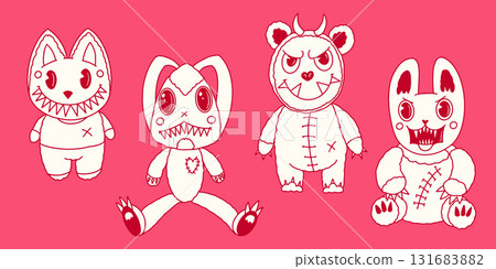 Cute and scary Monster Characters set. Rabbit, cat and bear with claws and horns. Funny mascot 131683882