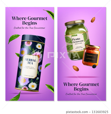 Vertical Gourmet Food Ads Featuring Tea Pesto and Caviar Products 131683925