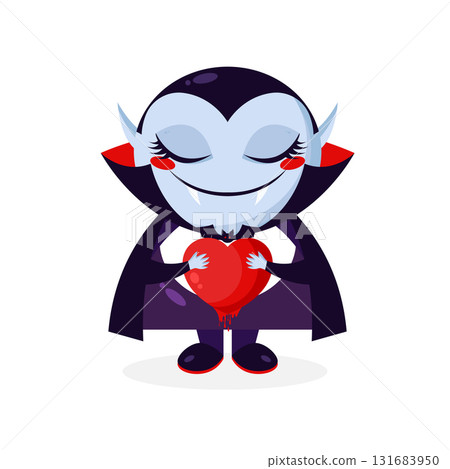 Cute cartoon Dracula vampire with a bloody heart. Dracula character in love. Vector illustration Cute cartoon Dracula vampire with a bloody heart. Dracula character in love. Vector illustration 131683950