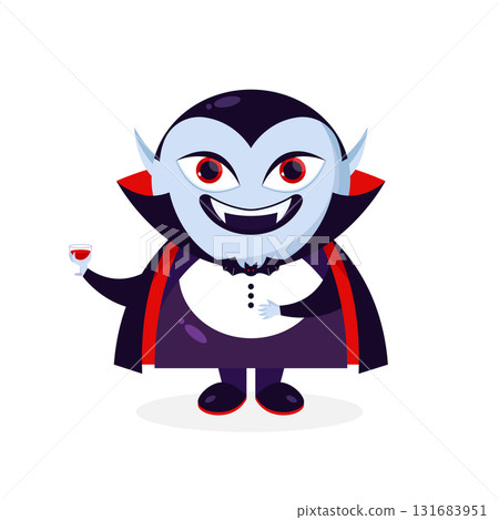 Cartoon Dracula vampire character with a glass of blood. Dracula icon. Vector illustration 131683951
