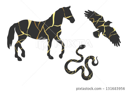 Animal silhouettes decorated with gold Kintsugi cracks. Horse, snake and crow silhouettes with golden marble. Vector illustration 131683956