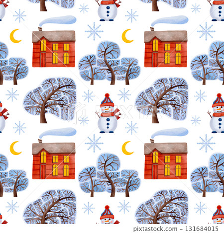 A seamless pattern with winter elements. Snow-covered trees, a cozy house, and a cute snowman. 131684015