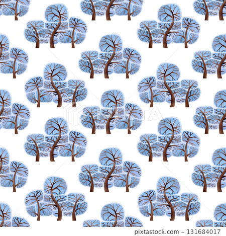 Seamless pattern. Snow-covered trees with blue crowns. Watercolor illustrations of winter plants for greeting cards, children's drawings, and textiles. 131684017