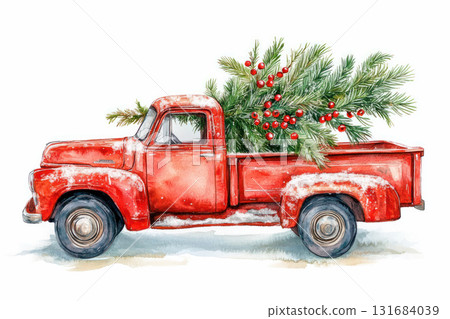 Vintage red pickup truck carrying a Christmas tree with pine branches and berries, evoking a festive holiday spirit in a winter landscape 131684039