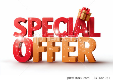 Colorful 3D text displaying special offer with a gift box accent, designed to attract attention and convey promotional excitement for marketing campaigns 131684047
