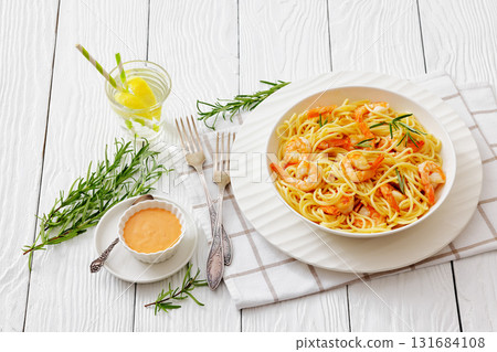 yummy spaghetti with shrimps in a white bowl 131684108