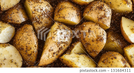 Close-up of baked potato wedges with herbs and spices, golden brown texture 131684311