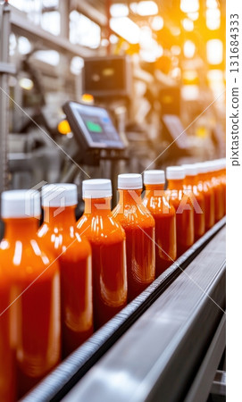 Fresh ketchup bottles on automated filling line in industrial food plant 131684333