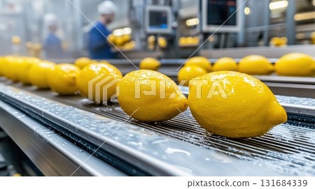 Fresh lemons on conveyor belt during washing process in modern food factory 131684339