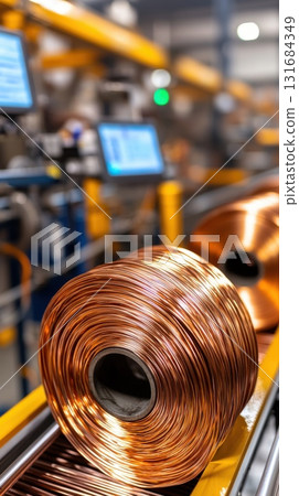 Copper wire rolls on automated production line in modern industrial factory 131684349