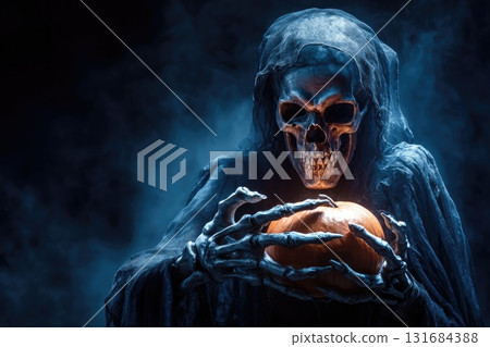 Ai generated Grim reaper holding pumpkin in the dark 131684388