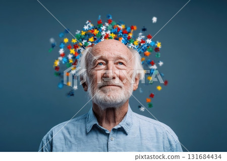 Ai generated Elderly senior old man suffering from dementia with puzzles on head 131684434