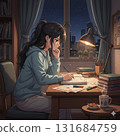 Woman studying late at night Woman studying late at night 131684759