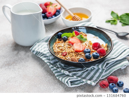 Granola bowl with yogurt, berries, and mint for breakfast Granola bowl with yogurt, berries, and mint for breakfast 131684760