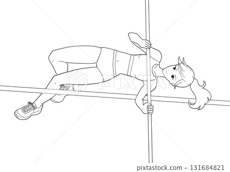一個女孩撐竿跳的黑白插圖 131684821