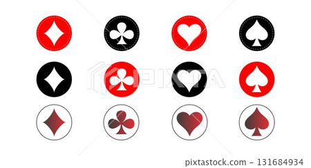 Set of Classic Playing Card Suits in Red, Black and Gradients. Icon hearts, diamonds, clubs and spades. 131684934